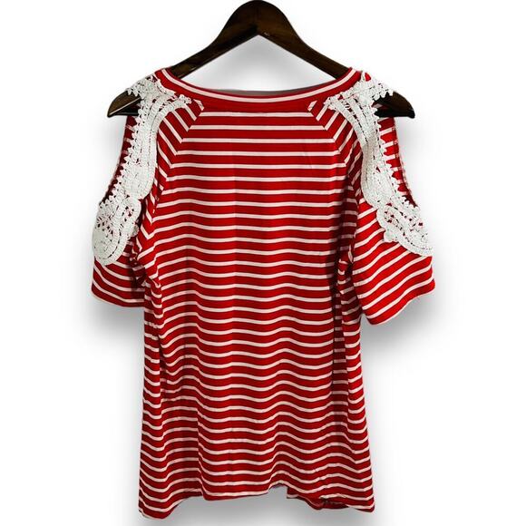Soft Surroundings Red Stripe Cold Shoulder Tee Shirt PM New - Picture 4 of 10